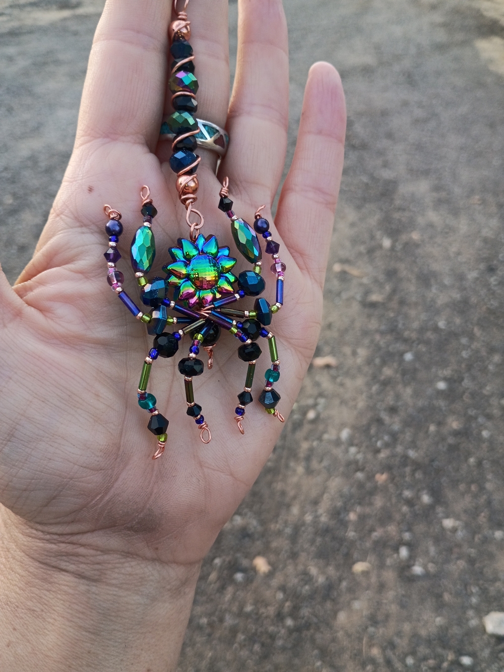 Iridescent Multicolor Beaded Spider Ornament - Copper Accent